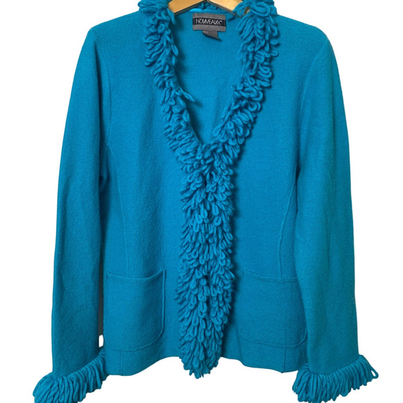 Vintage Nouveaux 100% Wool Cardigan Size Large Teal Loop Fairy Fringe - Picture 2 of 8